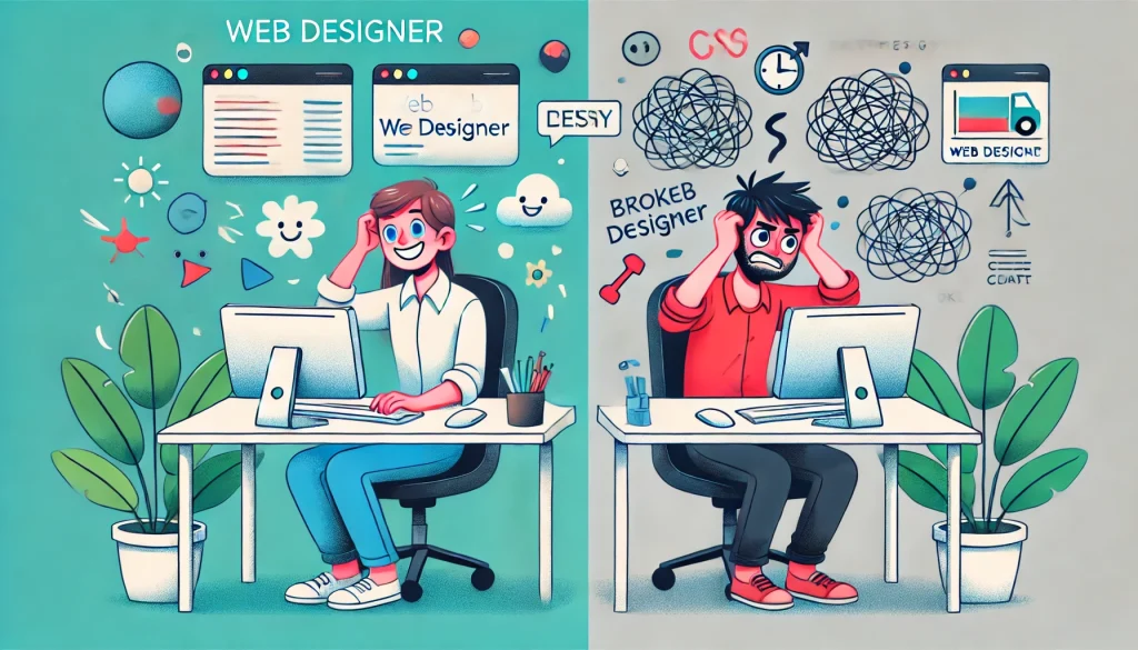 illustration of a happy web designer vs a person who's not a web designer and very frustrated trying to do the work themselves