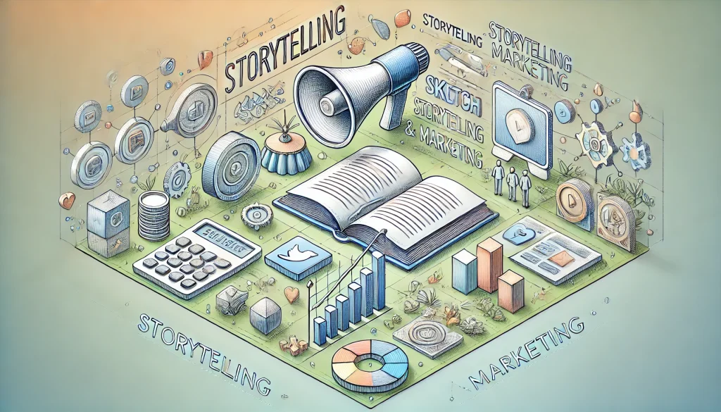 illustration about storytelling showing a book, graphs, people and charts.