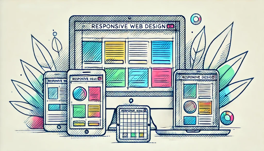 image of different devices a responsive website would need to work on. The image shows a desktop, tablet, laptop, and smartphone.