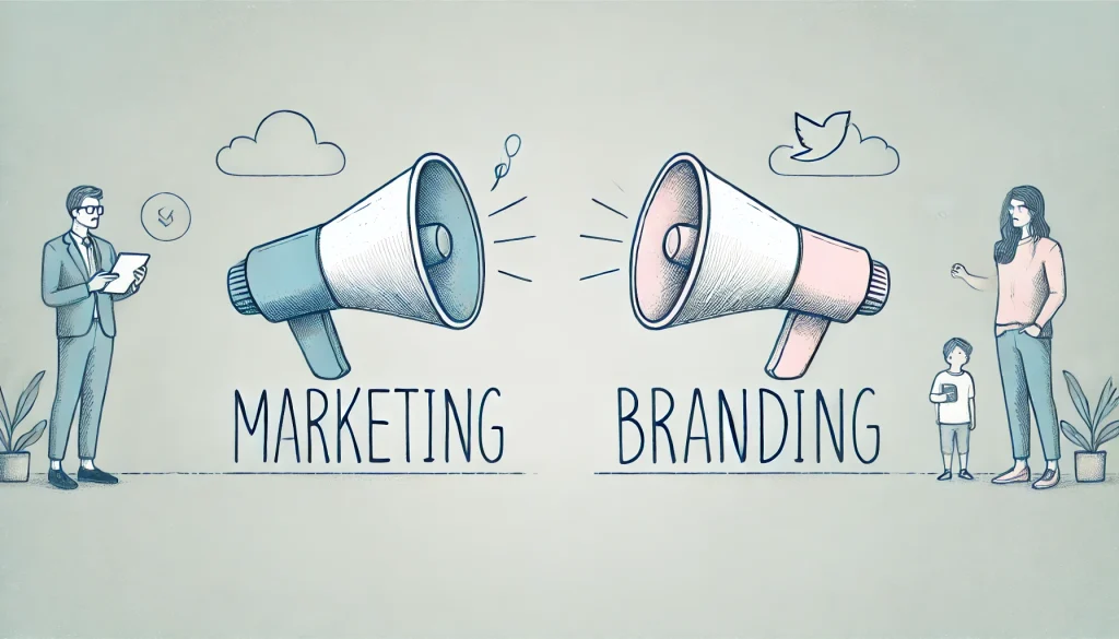 image showing marketing vs branding and the key differences.