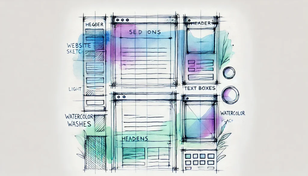 image of screens for a website done in a sketch style with watercolor elements.