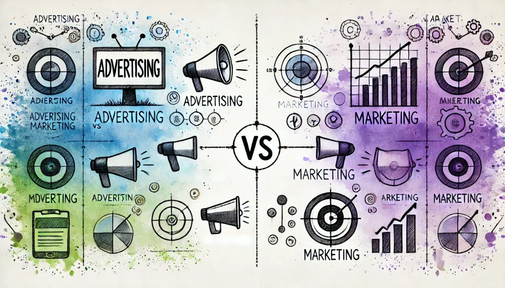 image showing marketing vs advertising and the different approaches each discipline uses.