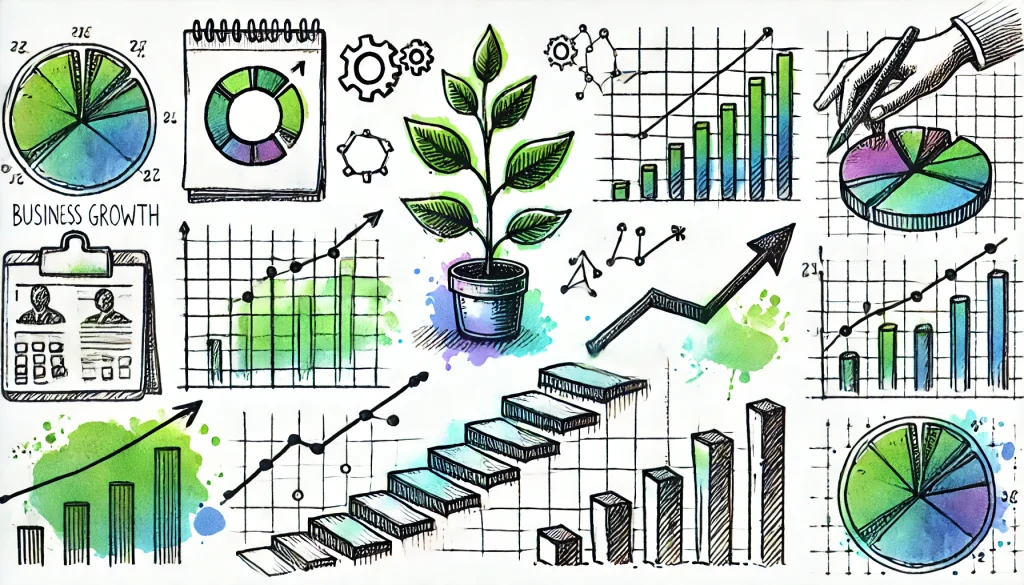 image showing business growth with plants, charts and graphs.