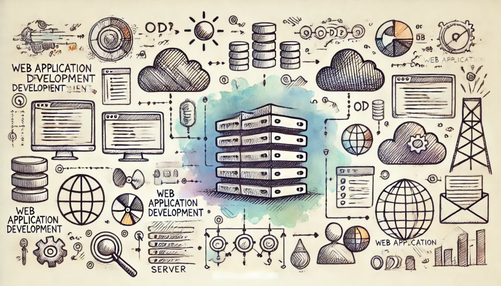 image showing different components of web application development like servers, code, databases, etc.