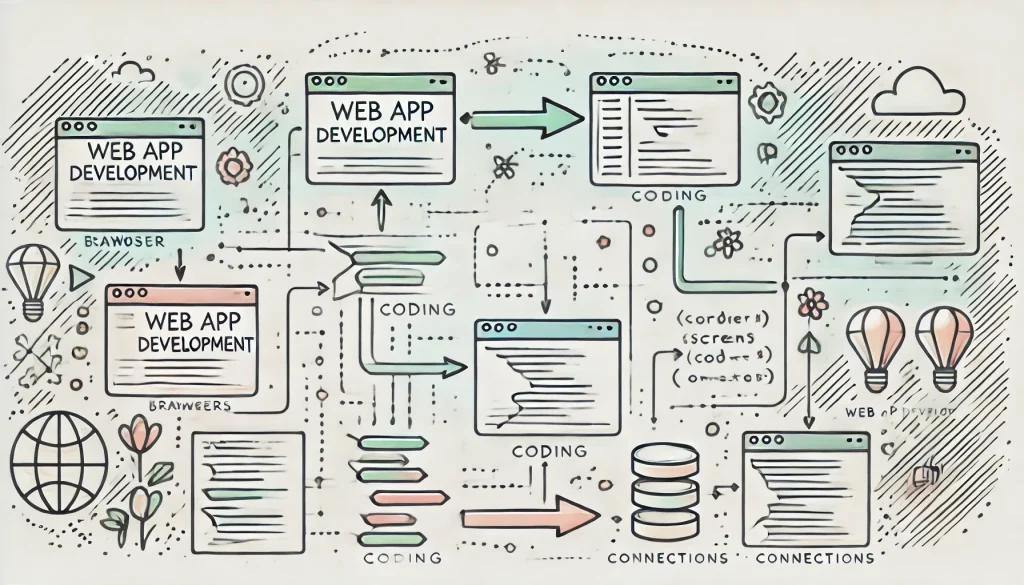 image about web app development which shows code moving from one window to the next showing how web app projects evolve over the process.