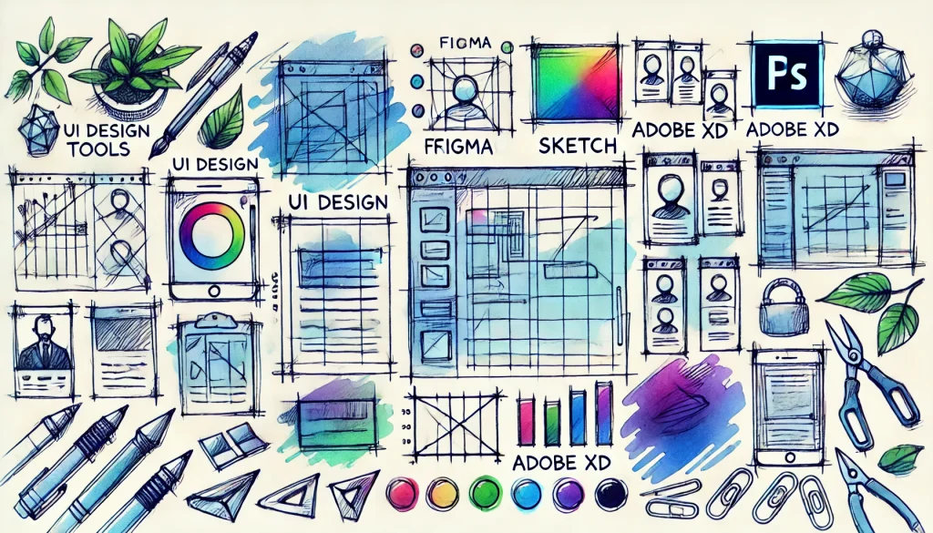 image showing wireframes and tools for UI and UX design