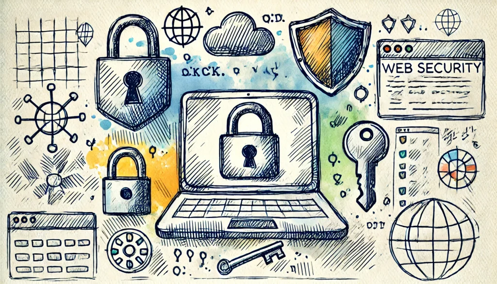 image of asketch-style illustration about web security featuring locks and shields.