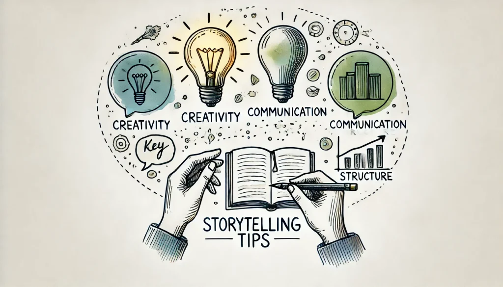 image showing different aspects of storytelling such as structure, communication, creativity etc.