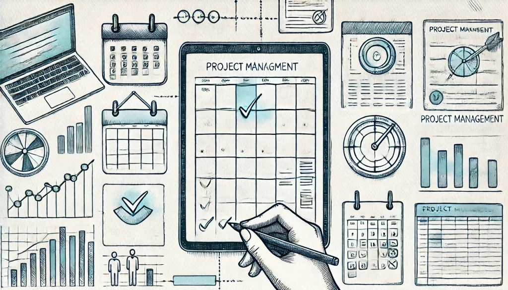 image of project management tools such as a calendar, timer, and Gantt chart.