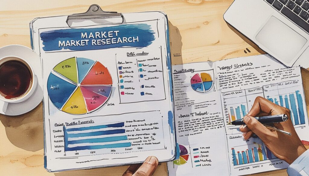 image of a clipboard and sheets with market research data on them.