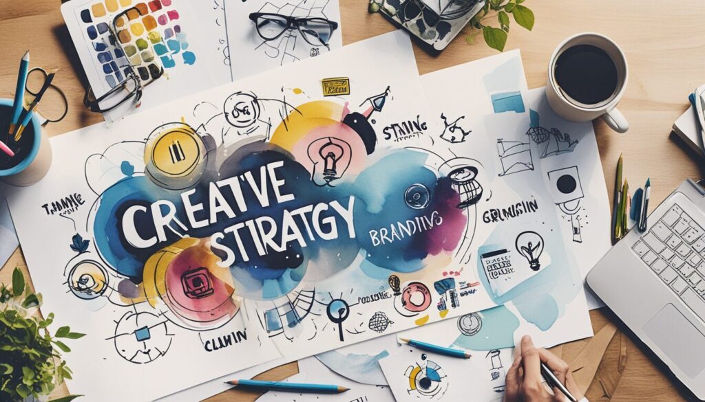 image of a desk with papers that say "Creative Strategy"