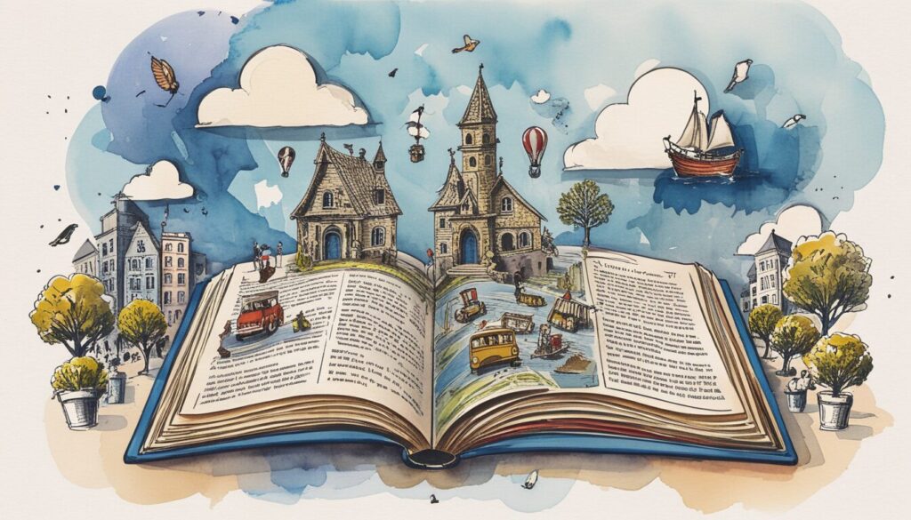 image of a book open on a desk with images popping out of the book, illustrating the idea of storytelling.