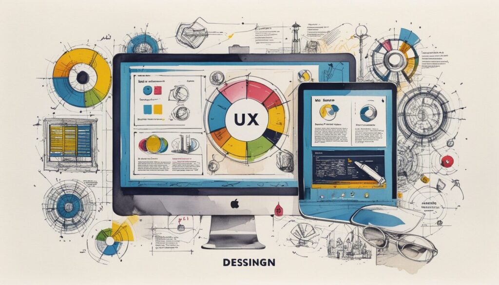 image shows a desktop with the words UX and sketches showing ideas being brought to life through the user experience design process.