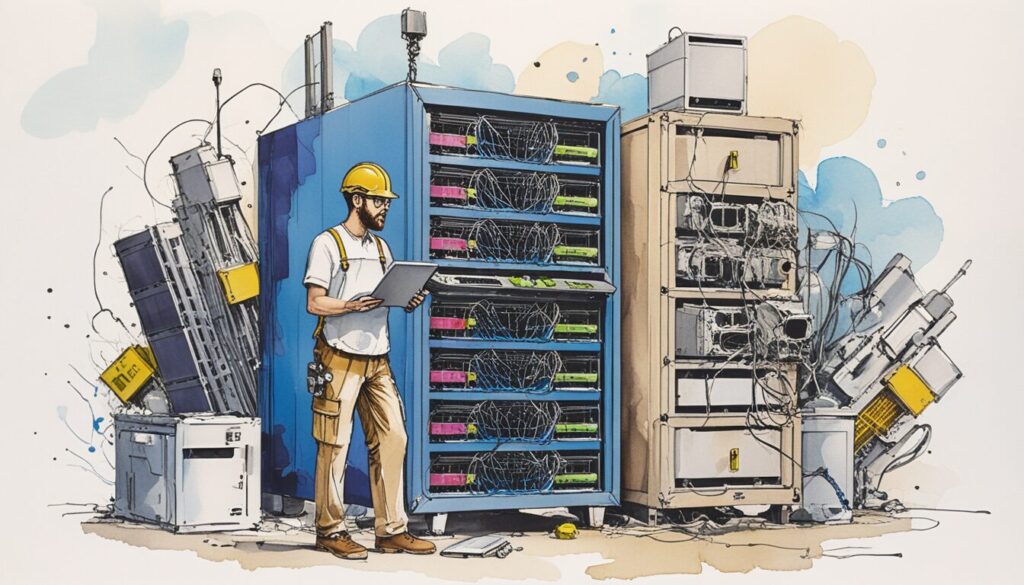 image of a man in an orange hard hat, holdling a checkboard and looking at a server setup.