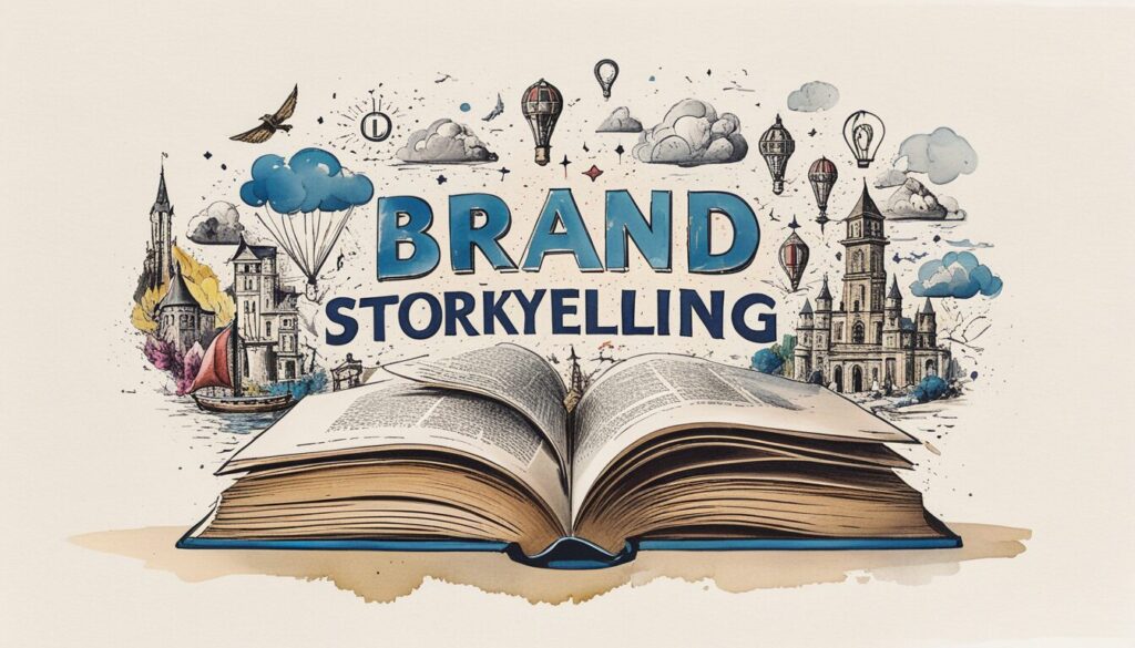 illustration of an open book with the words brand storytelling above it.