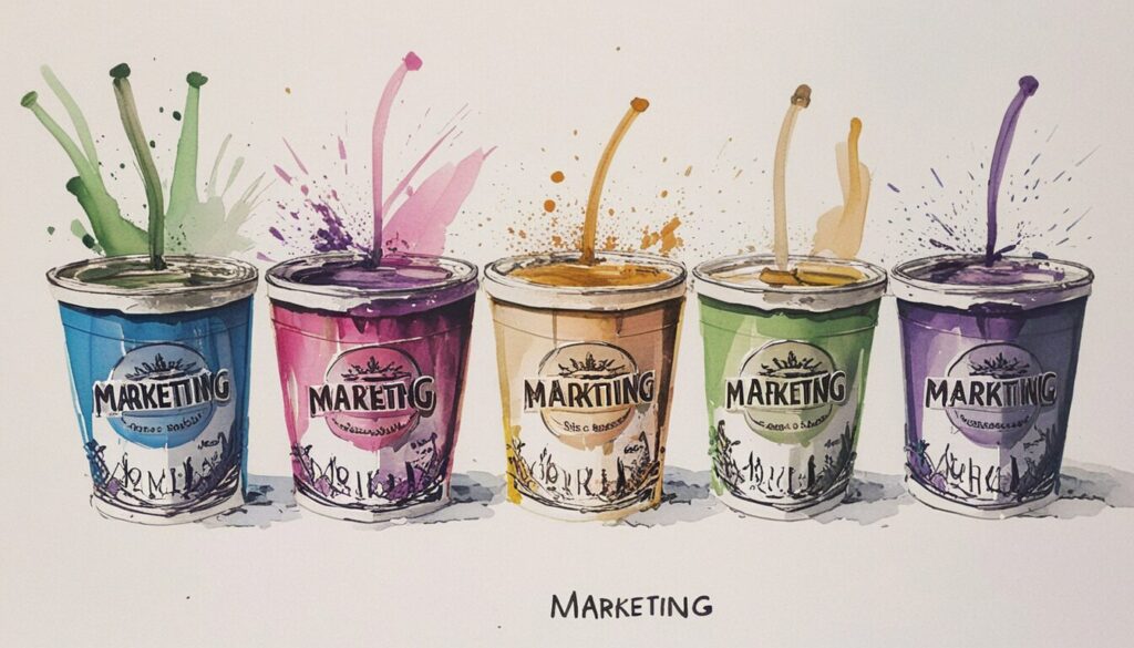 image of multiple containers in different colors that all say marketing on them.