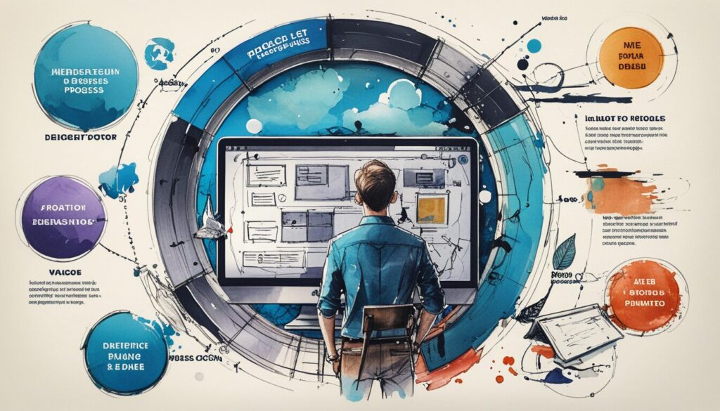 man standing in front of a computer screen with images of different web design process elements spread out around the image.