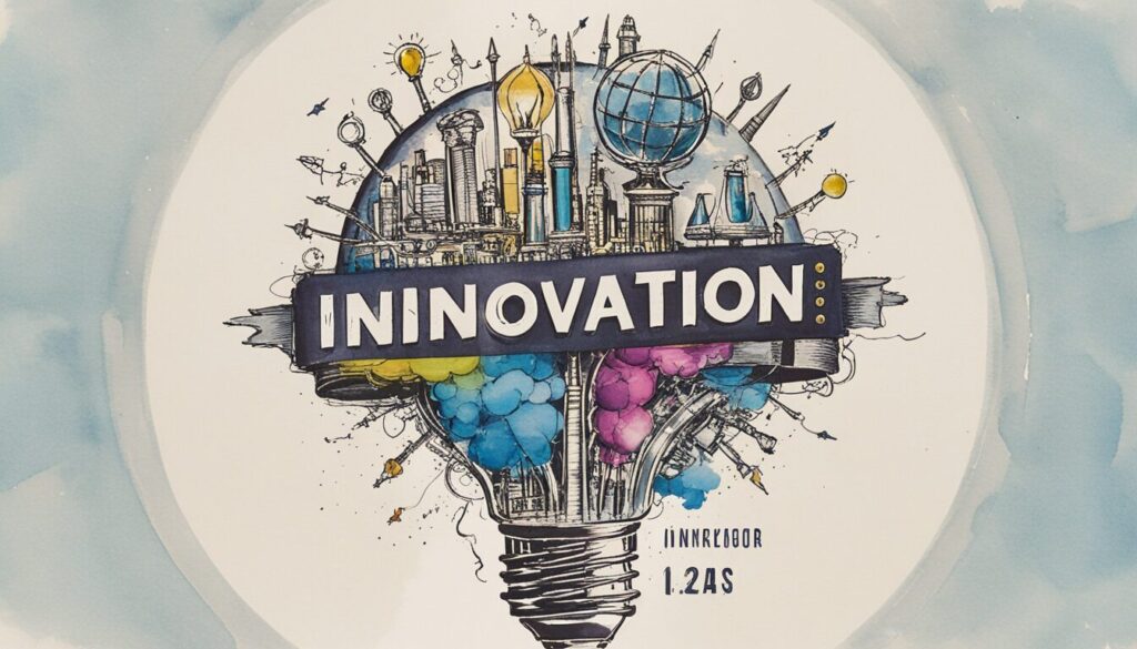 illustration of a lightbulb with a futuristic city inside it and the words innovation scrolling across the image.