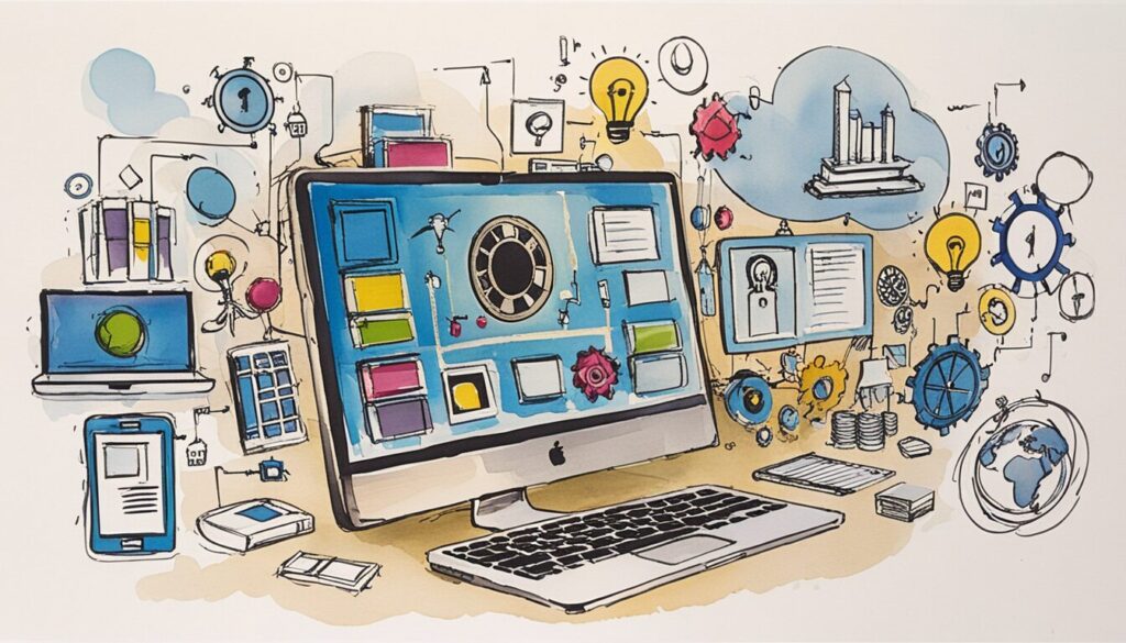 illustration of desktop computer with light bulbs, gears, and charts showing the CRUD process.