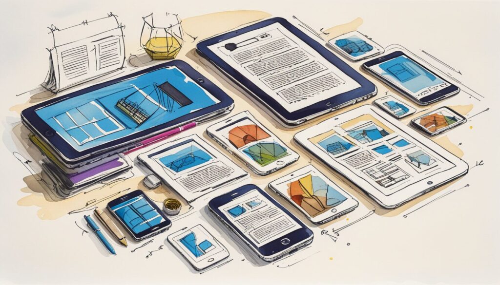 illustration of the various devices that responsive website design needs to account for including laptops, tablets, and smartphones.