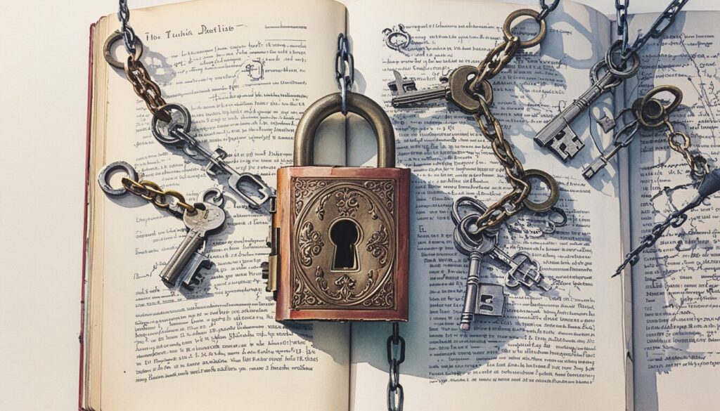 image showing a book locked up with chains and a lock with keys hanging from the chains showing the idea of unlocking storytelling.