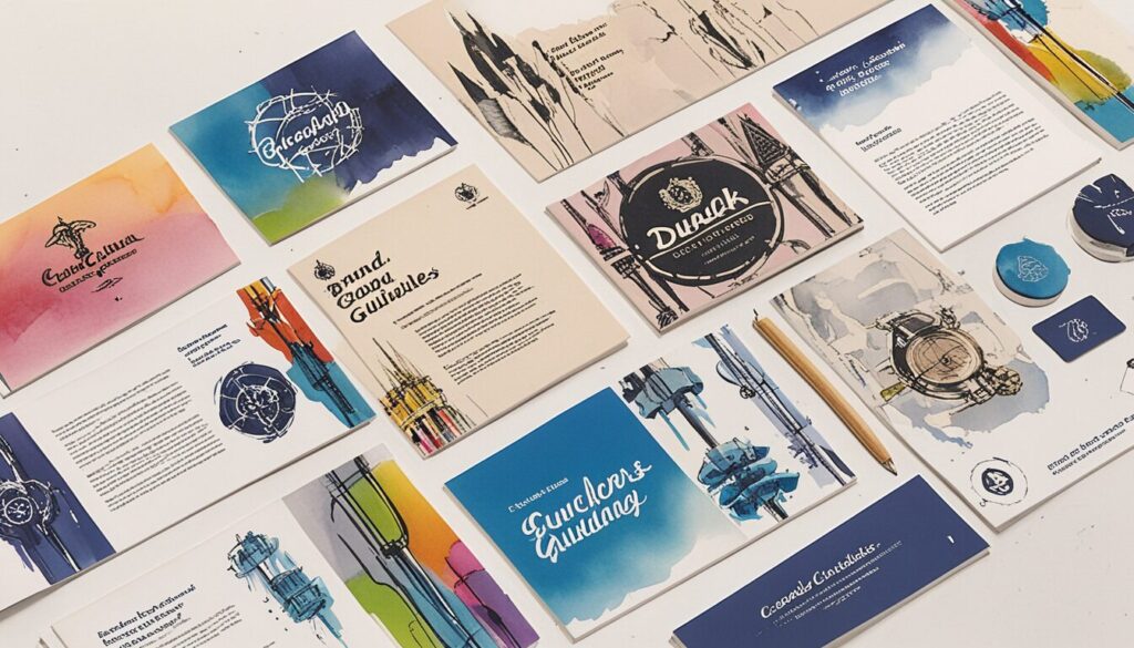 illustration of branding pieces laid out a table.