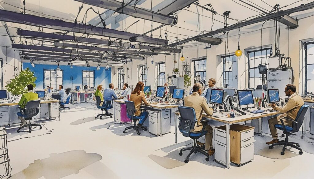 illustration of people working in a large modern open space office.