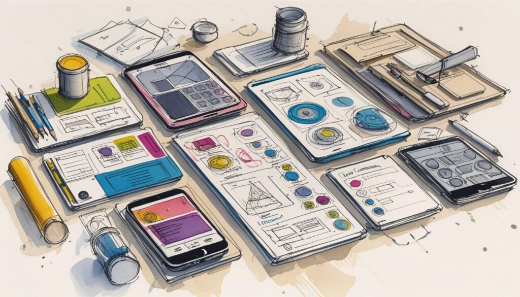 sketch image showing a table, phone, and sketches of user interfaces.