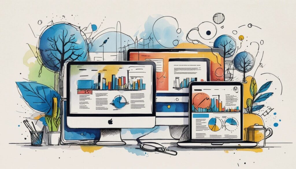 illustration of a laptop, and desktop showing a webdesign illustrating the different formats websites need to work for.