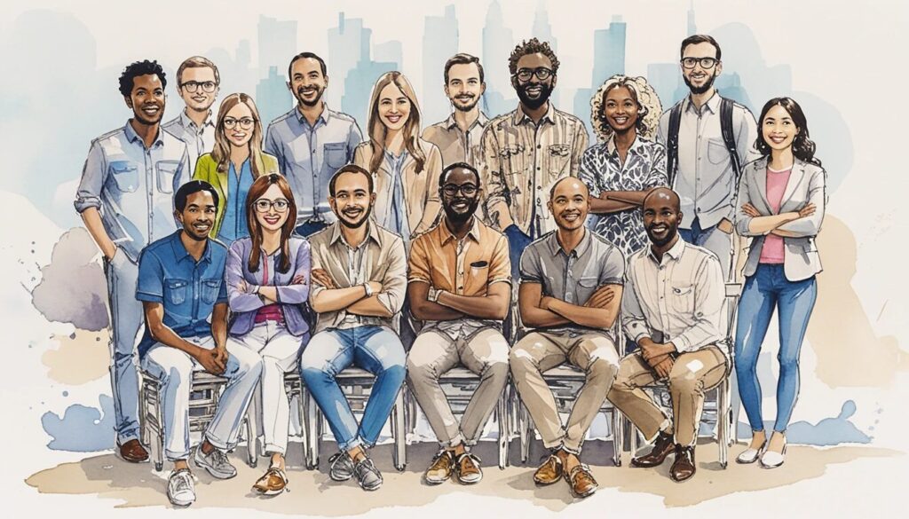 an illustration of a group of people representing the different individuals in the startup community.