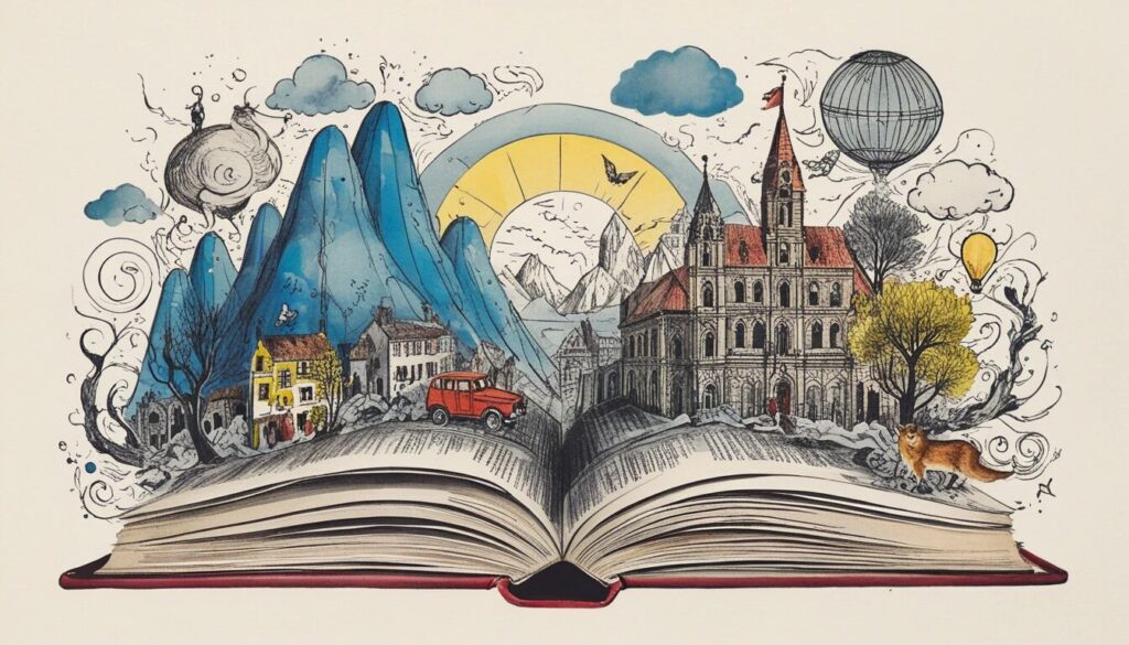 illustration of a book with mountains and a castle popping out like a pop-up book.