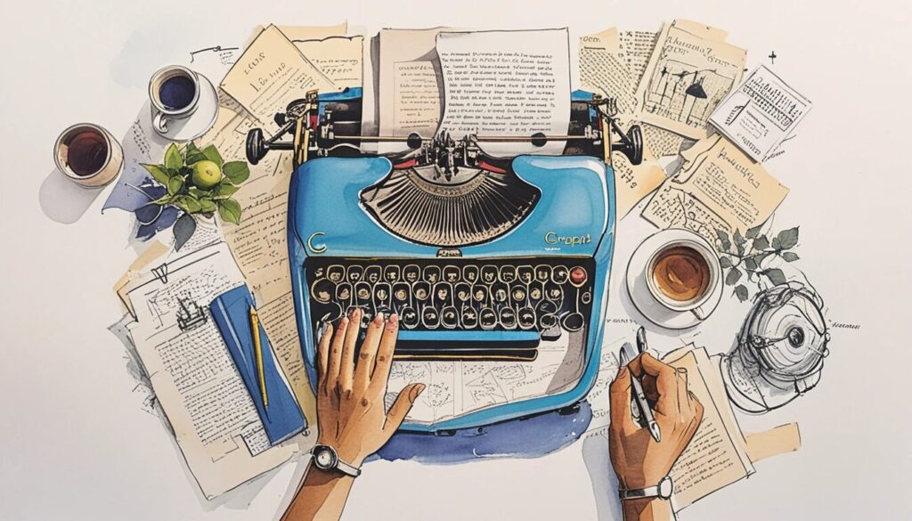 top-down illustration of a typewriter with papers spread around the desk.