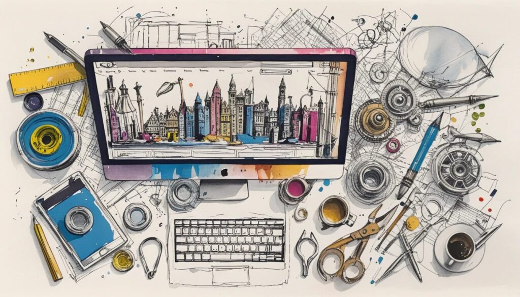 illustration of a desk with an iMac and tools spread around the desk.