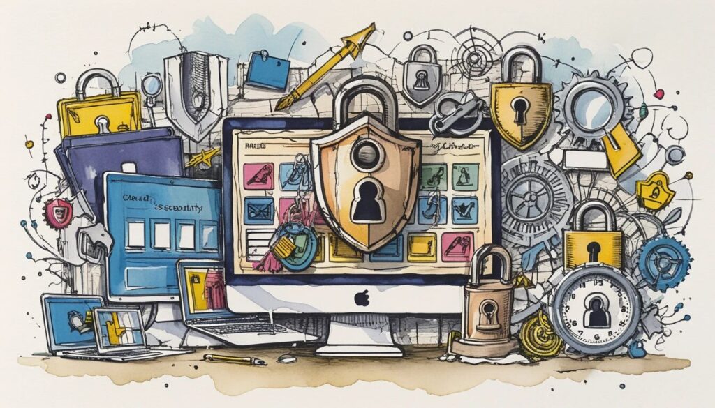 illustration of a computer with locks all around it to show that it's secure.