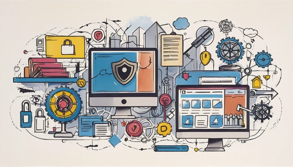 illustration of computers with shields and locks around them to show that they are secure.