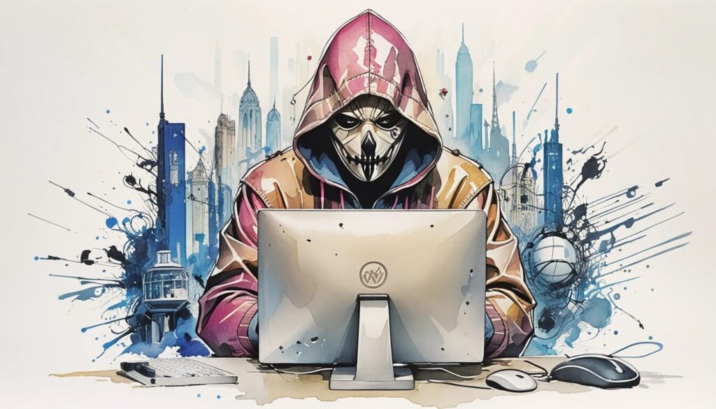 illustration of a hacker wearing a skull mask and staring ominously over a laptop that he's working on.