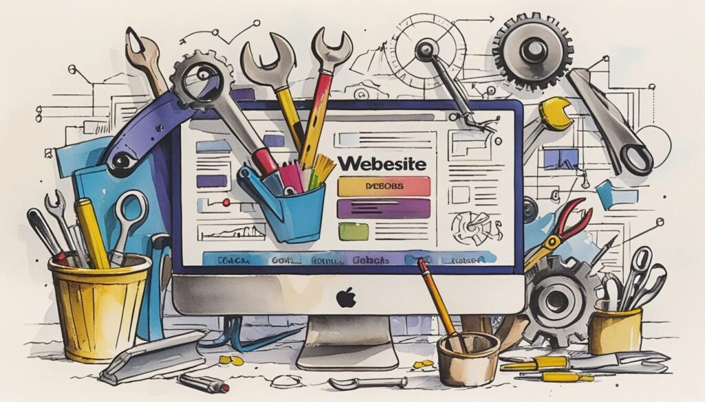 illustration showing a desktop computer and tools around it to illustrate the idea of website tools.