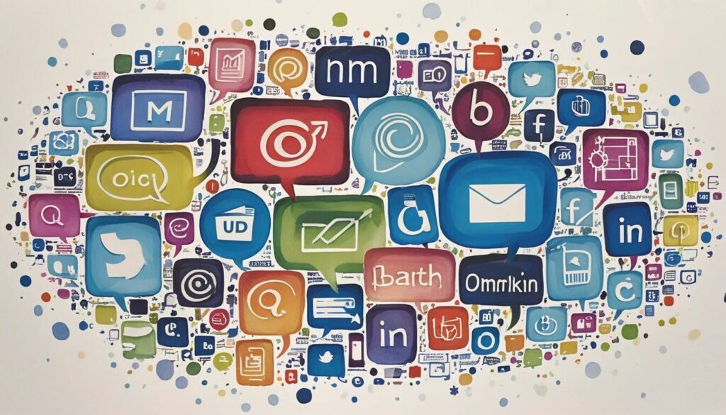 illustrated image of multiple speach bubbles showing email, and social platforms to support the idea of integrated marketing communications.