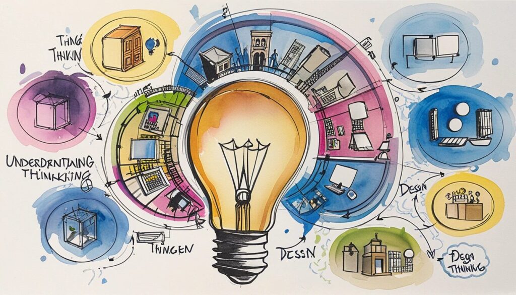 illustrated image showing a lightbulb to communicate the idea of innovation and Design Thinking.