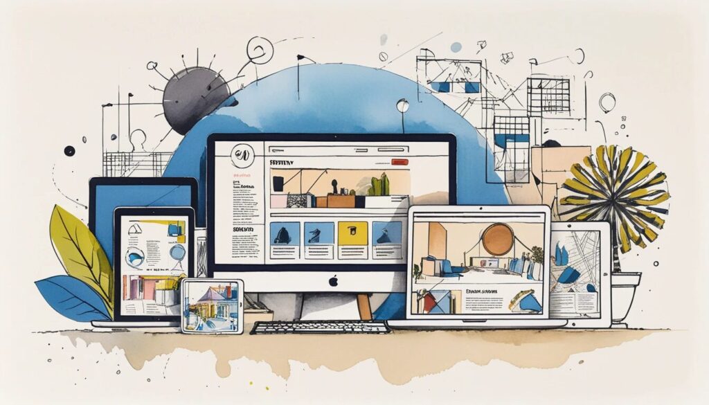 illustrated image of a an iMac and laptop both showing websites on them.