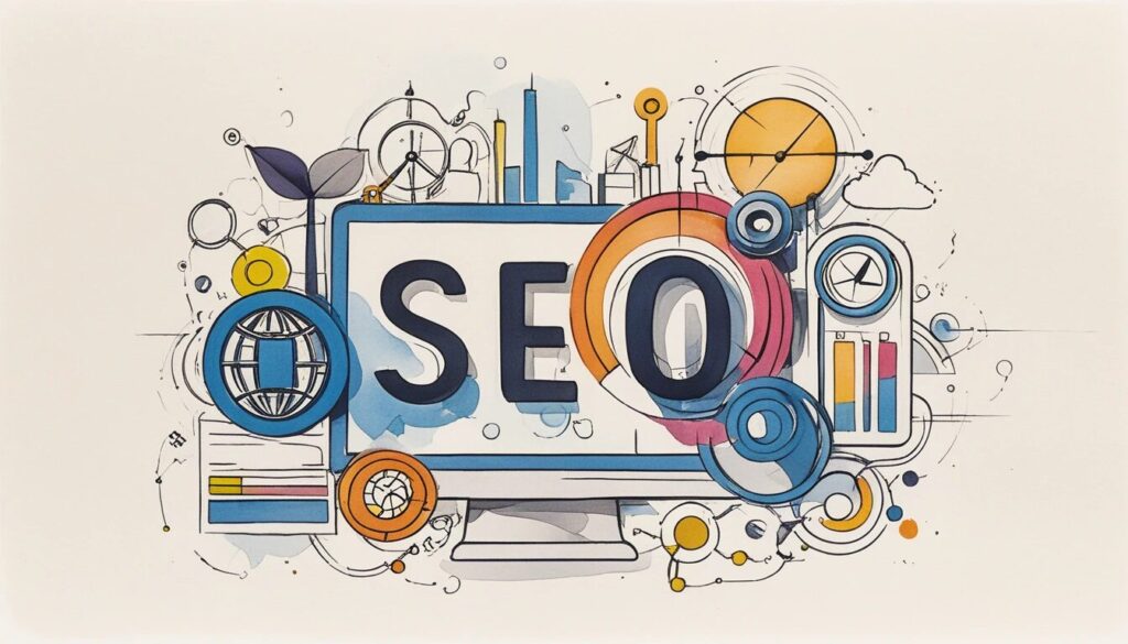 illustrated image that features a desktop monitor that says SEO.