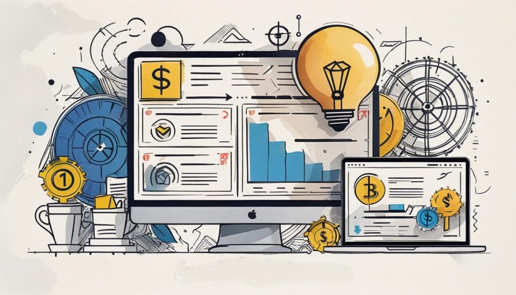 illustrated image showing a monitor with dollar signs on it showing the idea of website design costs.