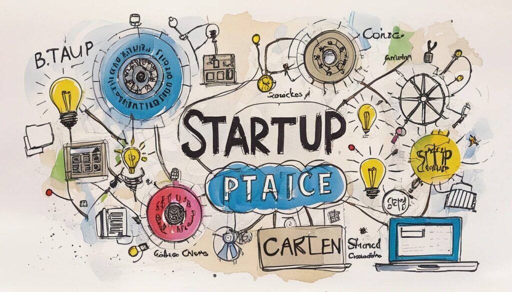 startup image with light bulbs gears and connecting lines showing the idea of an interconnected startup.