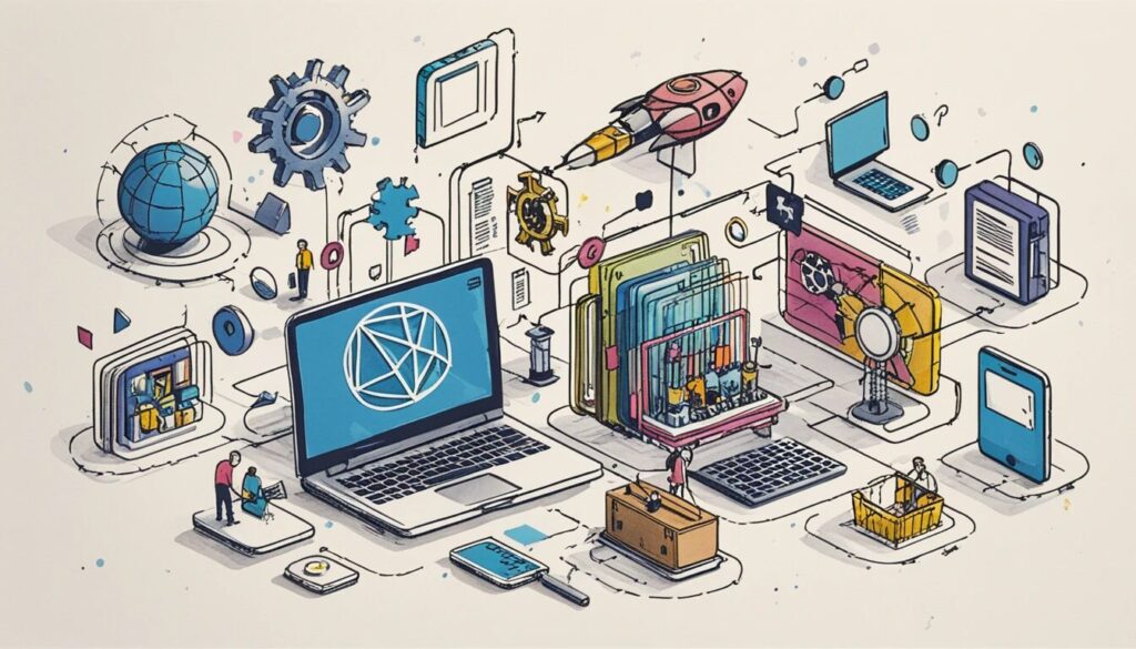 isometric view of a computer on a desk with books and gears showing the idea of web application development.