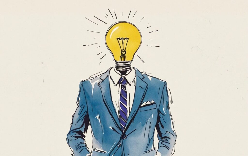 illustration of a man in a blue suite with a lightbulb for a head showing the idea of business innovation.