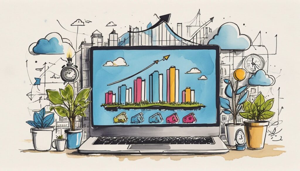 illustration of a laptop with a growth chart on it to show startup growth.