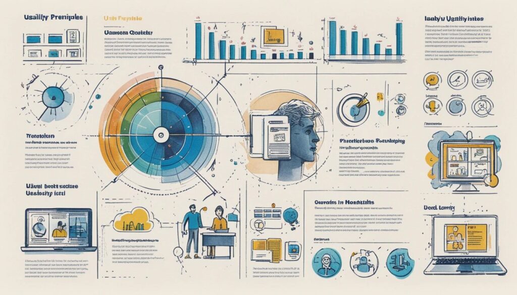 image of charts graphs and other information to show the many facets of UI usability principles.