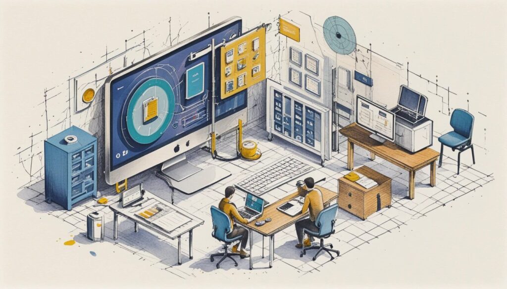 isometric view of two people working on a User Interface aka UI.