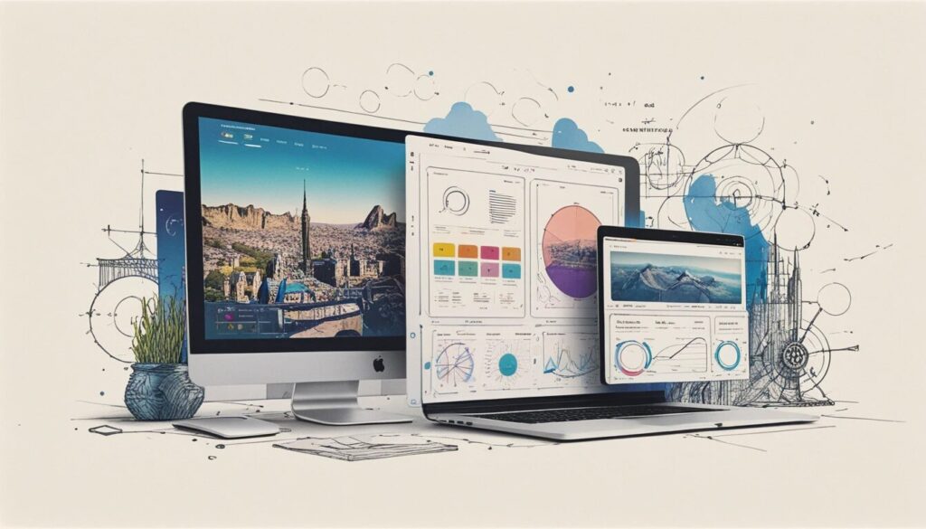 illustration of multiple screens layered over each other to show how UX user experience and UI user interface design work together.