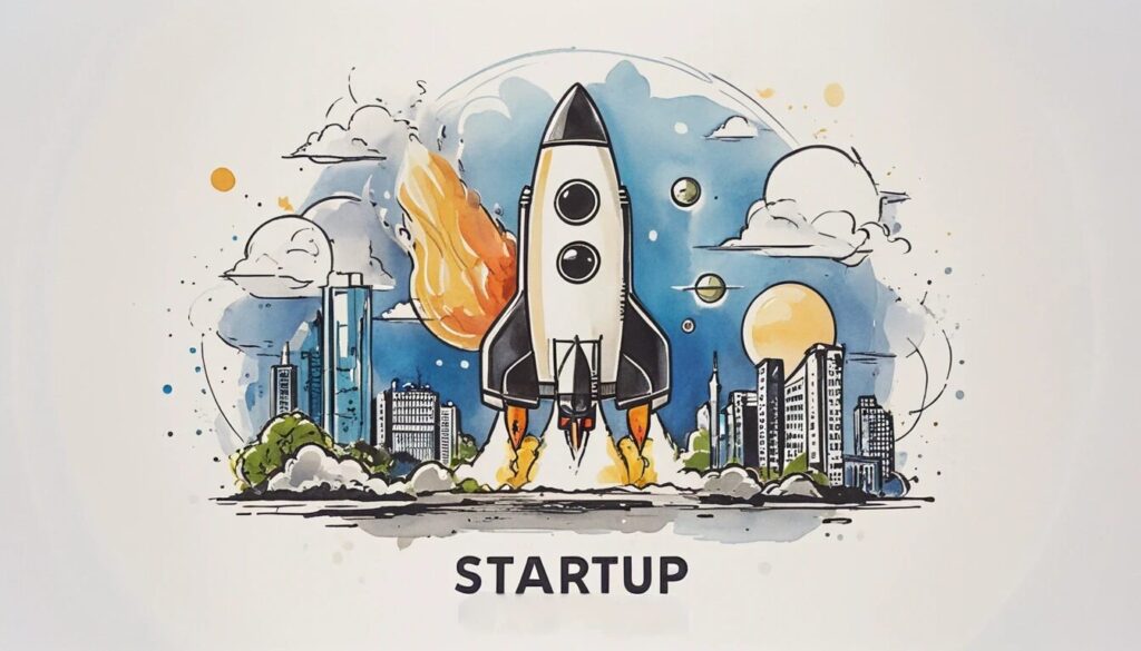 illustration of a rocket taking off to signify the launch of a startup.